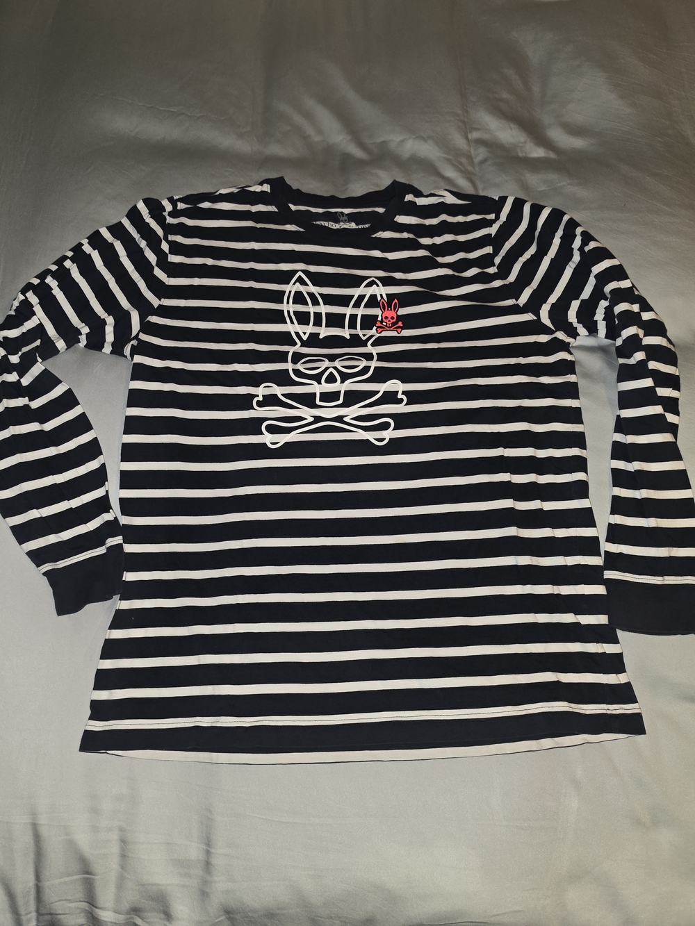 Psycho Bunny Black & White Striped Long Sleeve Top with Pink Bunny Accent